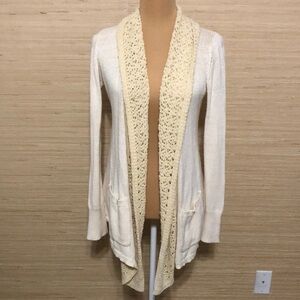 Anthro Angel of the North Cream Knit Crochet Open Front along Cardigan Medium